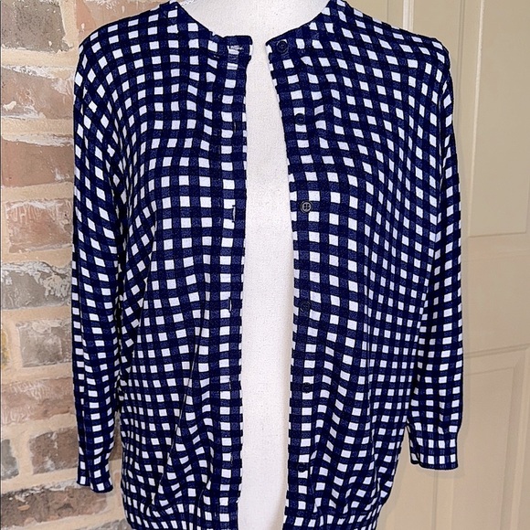 Navy/White Gingham Cotton Cardigan Houndstooth Plaid Button Front 3/4 Sleeve MED - Picture 1 of 10
